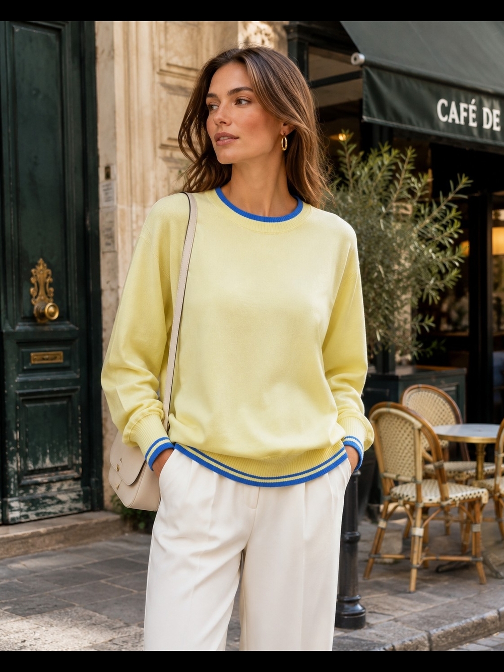 Philosophy Petite Yellow Modal Pullover Sweater Blue Trim PM NWT
